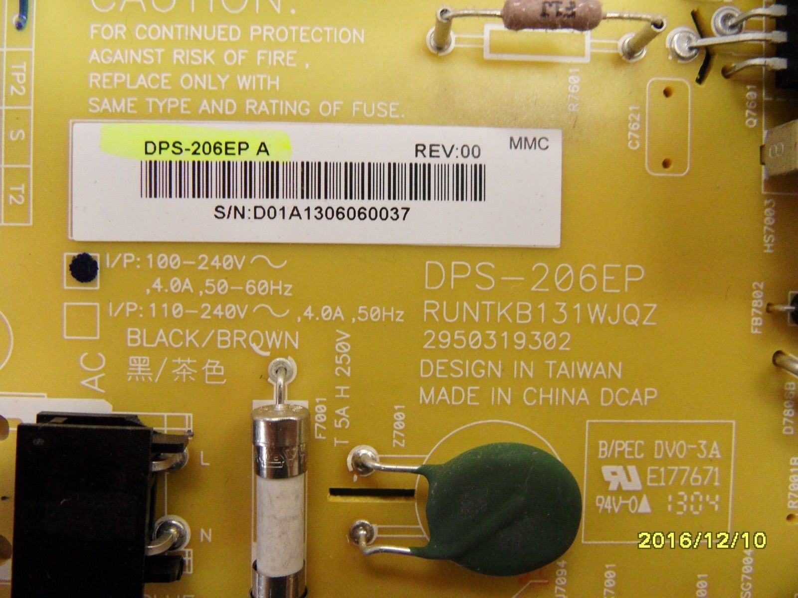 Sharp AQUOS LC70LE650U 70 TV power board, DPS206EP A